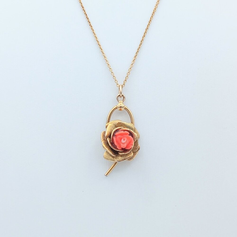 Vintage 12KT Gold Fill Coral Gemstone Rose Pendant Necklace - SIGNED